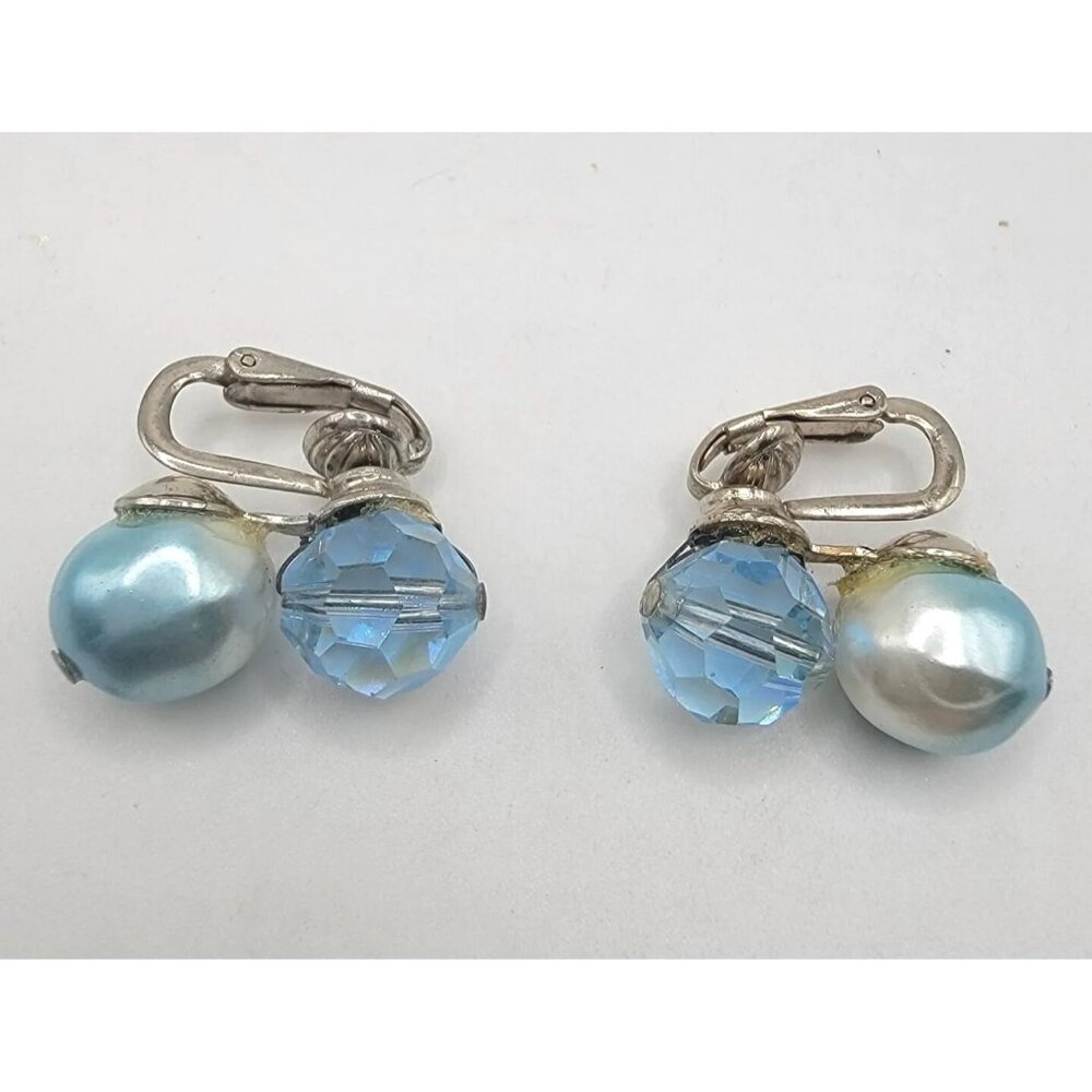 Vintage Retro Blue Crystal And Faux Pearl‎ Clip On Earrings Classic Beautiful